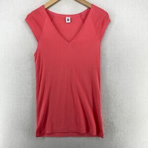 PETIT BATEAU Top Womens 20ans L Interlock Jersey V-Neck Cap Sleeve Cotton Pink